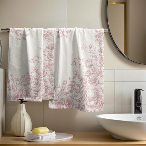 Vintage Flowers Hand Towels Set of 2, Spring Pastel Pink Floral Absorbent Dish Towel Tea Towels for Farmhouse Bathroom Kitchen Cooking Baking Cleaning and Party Decor 14x28 Inch