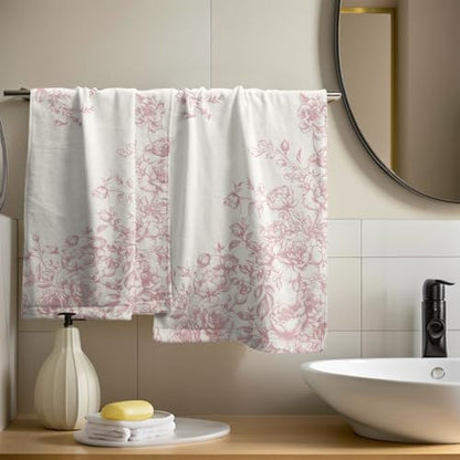 Vintage Flowers Hand Towels Set of 2, Spring Pastel Pink Floral Absorbent Dish Towel Tea Towels for Farmhouse Bathroom Kitchen Cooking Baking Cleaning and Party Decor 14x28 Inch