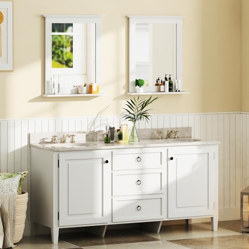 CHARMAID Bathroom Mirror with Shelf - 27" x 22.5" Wall Mirror Over Bathroom Sink, Wooden Frame Modern Rectangular Hanging Vanity Makeup Mirrors for Washroom, Entryway (White,27" L x 22.5" W)
