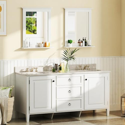CHARMAID Bathroom Mirror with Shelf - 27" x 22.5" Wall Mirror Over Bathroom Sink, Wooden Frame Modern Rectangular Hanging Vanity Makeup Mirrors for Washroom, Entryway (White,27" L x 22.5" W)