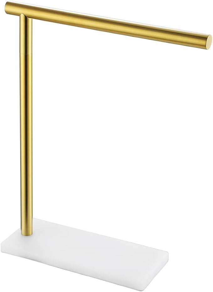 JQK Hand Towel Holder Stand Brushed Gold, Modern Tree Rack Free Standing for Countertop with 12 Inch Bar, 304 Stainless Steel Thicken 0.8mm White Base, HTT170-WG