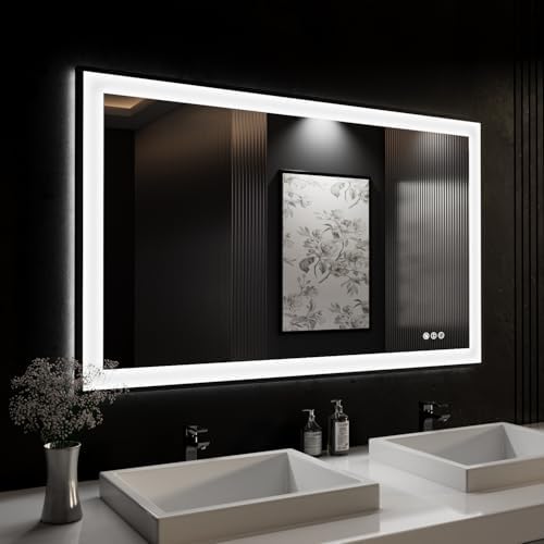 ISKM 48x28 Framed LED Bathroom Mirror, Dimmable Front & Backlit, Anti-Fog