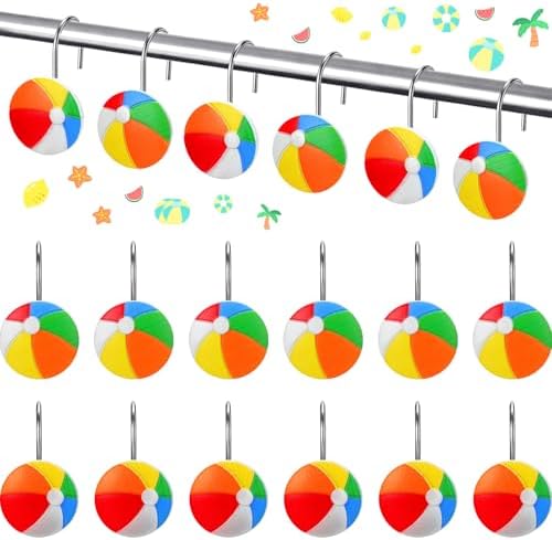 Thyle 12 Pcs Summer Beach Shower Curtain Hooks - Colorful Beach Ball Resin Decorative Curtain Rings Rust Proof Stainless Steel for Coastal, Summer Hawaiian Tropical Bathroom Bedroom Party Decor