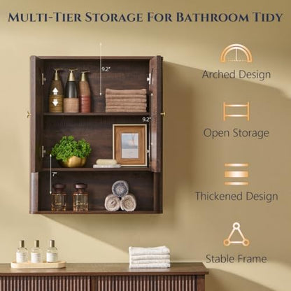 Bathroom Fluted Arched Wall Cabinet, 23.6''W Wood Medicine Cabinet,Brown