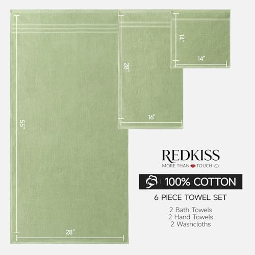 REDKISS Sage Towels Set 6 Piece Cotton Towel Sets with 2 Bath Towels, 2 Hand, 2 Washcloths, 650GSM Hotel Quality, Soft, Highly Absorbent Towels for Bathroom Gym, Ideal Everyday Use