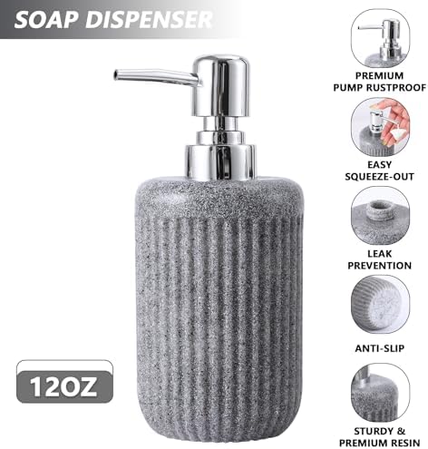XLHOMO Resin Grey Bathroom Accessories Set 5 Pcs, Lotion Soap Dispenser, Toothbrush Holder, Bathroom Tumbler, Qtip Holder and Vanity Tray, Bathroom Countertop Organizer Set for Modern Home Apartment
