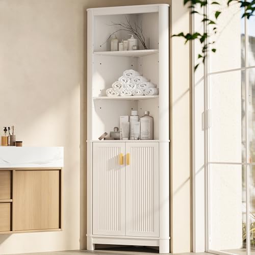 INNOD 69" Tall Corner Shelf with Doors, 6-Tier Corner Storage Cabinet with Doors, Space Saver Shelf for Bathroom, Bathroom Floor Cabinet for Living Room Kitchen, Hallway
