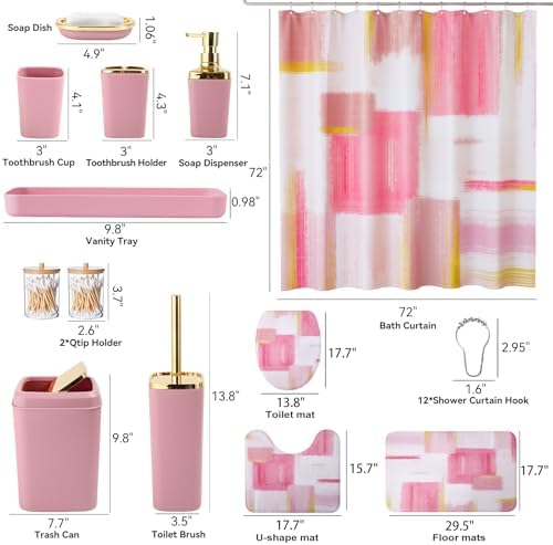 XLHOMO Bathroom Set - Pink and Gold Bathroom Accessories Set, Bathroom Sets with Shower Curtain and Rugs, Pink Shower Curtain Set with Bathroom Trash Can, Soap Dispenser, Soap Dish for Home Decor