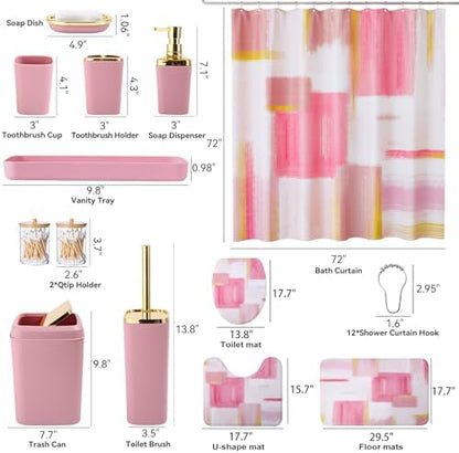 XLHOMO Bathroom Set - Pink and Gold Bathroom Accessories Set, Bathroom Sets with Shower Curtain and Rugs, Pink Shower Curtain Set with Bathroom Trash Can, Soap Dispenser, Soap Dish for Home Decor