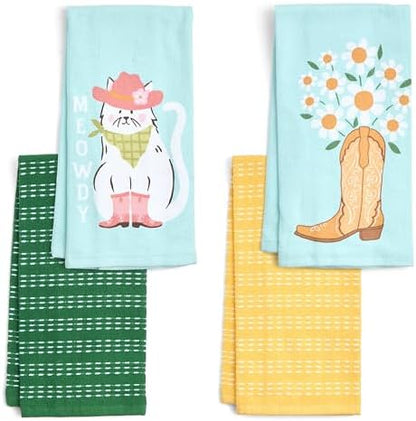 Ritz 4-Piece Kitchen Towel Set, Meowdy Cat & Daisy Boot Prints with Pine Green & Yellow Textured Terry, 100% Cotton & Absorbent Blend, 16" x 26", Western Boho Coastal Cowgirl Decor
