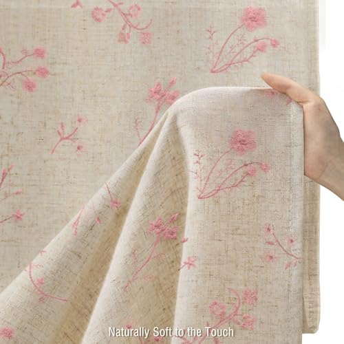 Pink Floral Vintage Linen Shower Curtain Embroidered Textured 72Wx72H