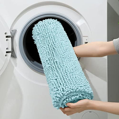 HOMEIDEAS Light Blue Chenille Bathroom Rugs Set of 3, Non Slip Bath Mat