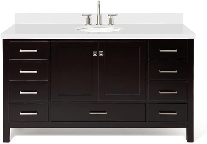 ARIEL Cambridge 60-inch Bathroom Vanity with Sink,Solid Wood, 1.5-inch Pure White Quartz Countertop & Backsplash, Single Oval Porcelain Sink, 2 Soft Closing Doors, 9 Dovetail Drawers, Espresso