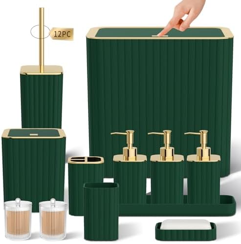 Bathroom Accessory Set - Bathroom Set, 12PC Bathroom Accessories Set, Dark Green Bathroom Accessories Set, Mini Trash Can, Toilet Brush, Trash Can & Soap Dispenser