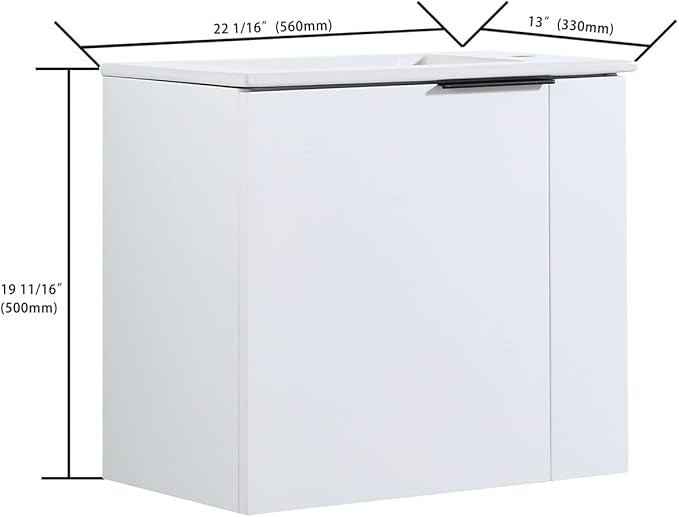 Wall Mount 22 Inch Bathroom Vanity W/Sink Combo for Small Space, Modern Design Vanity Cabinet Gel Basin Countertop, Float Mounting Design Cabinet Set with Soft Close Doors, White (without Faucet)