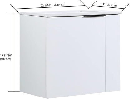 Wall Mount 22 Inch Bathroom Vanity W/Sink Combo for Small Space, Modern Design Vanity Cabinet Gel Basin Countertop, Float Mounting Design Cabinet Set with Soft Close Doors, White (without Faucet)
