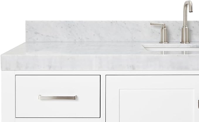 ARIEL Cambridge 60-inch Bathroom Vanity with Sink,Solid Wood, 2-inch Italian Carrara Marble Countertop, Single Rectangular Porcelain Sink, 2 Soft Closing Doors, 9 Dovetail Drawers, White