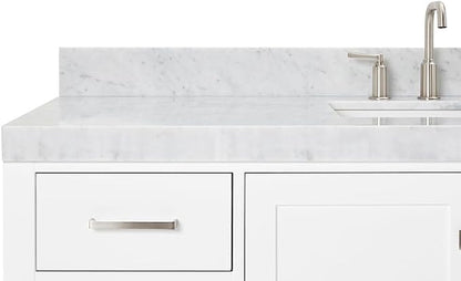 ARIEL Cambridge 60-inch Bathroom Vanity with Sink,Solid Wood, 2-inch Italian Carrara Marble Countertop, Single Rectangular Porcelain Sink, 2 Soft Closing Doors, 9 Dovetail Drawers, White