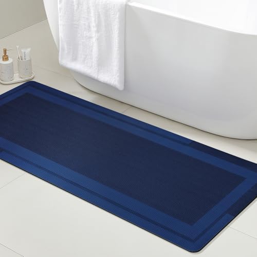 ACCUMTEK Non Slip Bath Mat, Thin Bathroom Rugs Fit Under Door, Quick Dry Bath Mats, Machine Washable Bath Rugs for Bathroom, Bathtub & Kitchen, Bathtub, Dark Blue/Bordered/48 x20