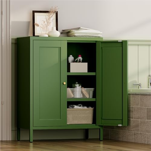 YAUWOH Small Metal Cabinet, Storage Cabinet with 2 Adjustable Shelves and 2 Doors,Freestanding Sideboard for Small Spaces, Living Room, Home Office, Dining Room(1PC,Forest Green)