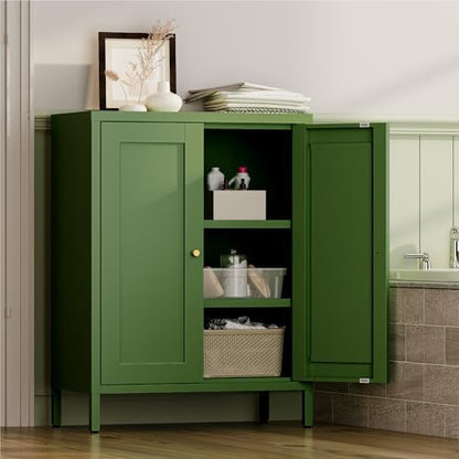 YAUWOH Small Metal Cabinet, Storage Cabinet with 2 Adjustable Shelves and 2 Doors,Freestanding Sideboard for Small Spaces, Living Room, Home Office, Dining Room(1PC,Forest Green)