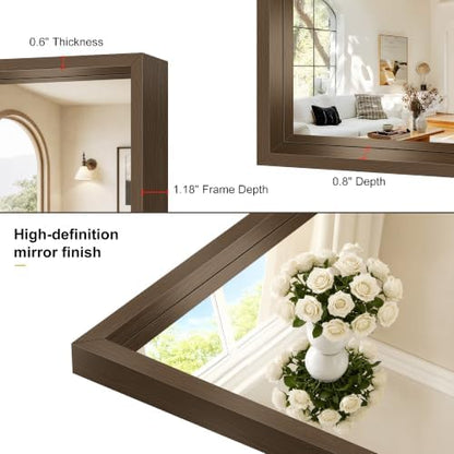 Bathroom Mirror, 18 x 24 inch Walnut Wood Grain Colored Aluminum Metal Frame Bathroom Vanity Mirror, Rectangle Wall Mirror for Bedroom Living Room, Tempered Glass, Horizontal or Vertical