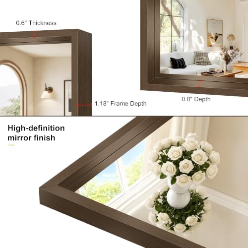 Bathroom Mirror, 30 x 36 inch Walnut Wood Grain Colored Aluminum Metal Frame Bathroom Vanity Mirror, Rectangle Wall Mirror for Bedroom Living Room, Tempered Glass, Horizontal or Vertical