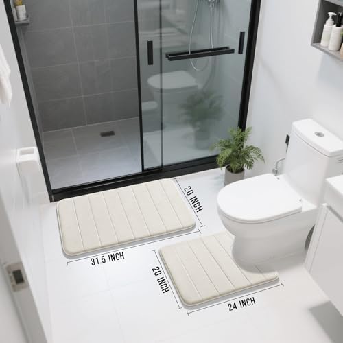 Yimobra Memory Foam Bathroom Mat Set, 31.5 x 20 & 24 x 20 in, Cream White
