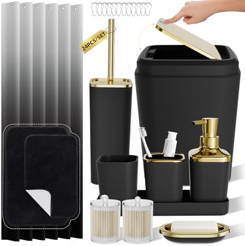 XLHOMO Bathroom Accessory Set - 24PCS Luxury Bathroom Accessories Set, Bathroom Sets with Shower Curtain and Rugs, Black Bathroom Set with Trash Can, Toothbrush Holder & Soap Dispenser for Home Decor