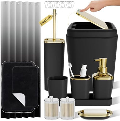 XLHOMO Bathroom Accessory Set - 24PCS Luxury Bathroom Accessories Set, Bathroom Sets with Shower Curtain and Rugs, Black Bathroom Set with Trash Can, Toothbrush Holder & Soap Dispenser for Home Decor
