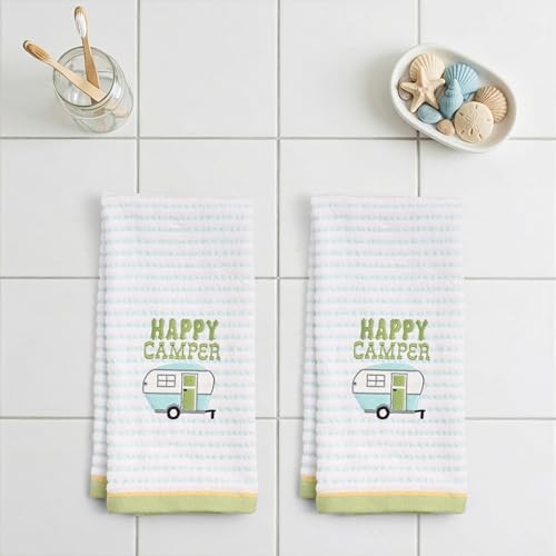 Ritz 2-Piece Cotton Velour Bathroom Hand Towel Set, Embroidered Happy Camper Design, Soft Pinstripe Decorative Bathroom Towels for RV, Cabin, or Home Decor, 16” x 26”