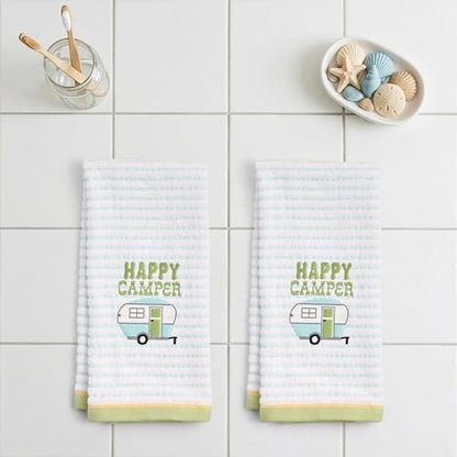 Ritz 2-Piece Cotton Velour Bathroom Hand Towel Set, Embroidered Happy Camper Design, Soft Pinstripe Decorative Bathroom Towels for RV, Cabin, or Home Decor, 16” x 26”
