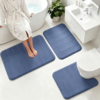Memory Foam Bath Mat Set 3 Piece，Super Soft Absorbent Bathroom Rug Non Slip, Quick Dry,Machine Wash, Perfect Plush Bathroom Rugs,Home Decor Accessories,Deep Blue