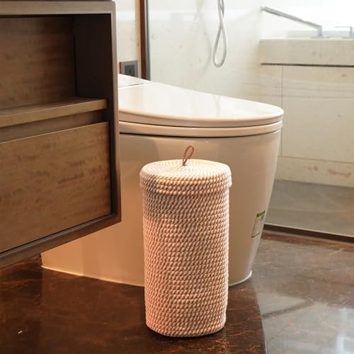 Toilet Paper Holder Handmade – Woven Cotton Toilet Paper Stand & Storage Basket with Lid, Freestanding Organizer for Bathroom, Fits 3 Mega Rolls Gradient Brown 14'' x 7''