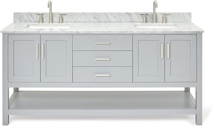 ARIEL Magnolia 72-inch Bathroom Vanity with Sink,Solid Wood, 0.75-inch Italian Carrara Marble Countertop, Double Rectangular Porcelain Sink, 4 Soft Closing Doors, 3 Dovetail Drawers, Grey
