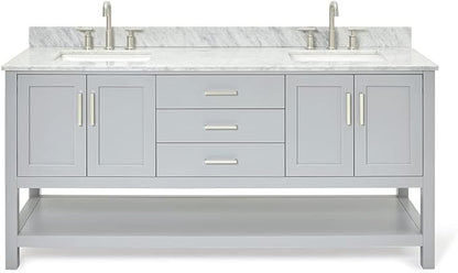ARIEL Magnolia 72-inch Bathroom Vanity with Sink,Solid Wood, 0.75-inch Italian Carrara Marble Countertop, Double Rectangular Porcelain Sink, 4 Soft Closing Doors, 3 Dovetail Drawers, Grey