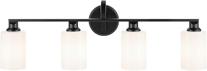 Kichler Gioe 32.25" 4-Light Vanity Light with Opal Glass in Black, Damp Rated, for Bathroom, Powder Room, Over a Mirror, (32.25" W x 10.5" H), 55227BK