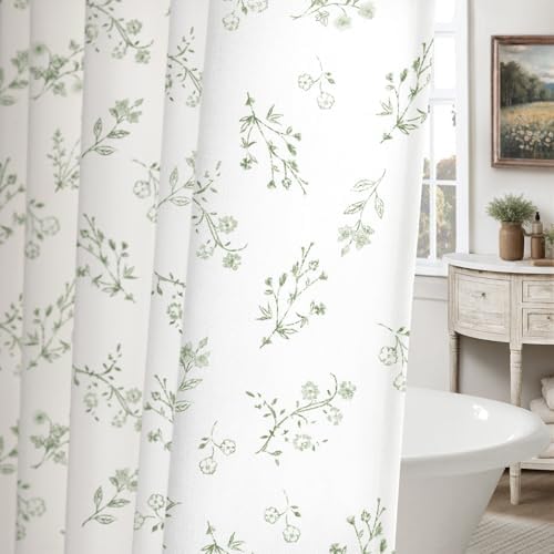 Sage Green Floral Farmhouse French Vintage Cotton Shower Curtain 72Wx72H