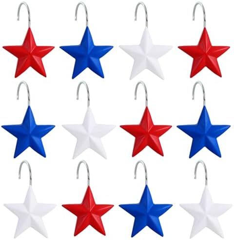 12-Piece 4th of July Red White Blue Stars Shower Curtain Hooks, Fourth of July Patriotic Stainless Steel Decorative Shower Hangers Rings for Bathroom Decor