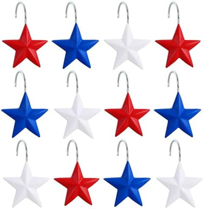 12-Piece 4th of July Red White Blue Stars Shower Curtain Hooks, Fourth of July Patriotic Stainless Steel Decorative Shower Hangers Rings for Bathroom Decor