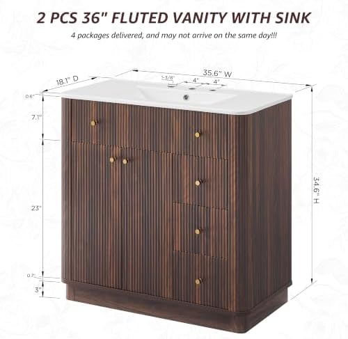 T4TREAM 72" Fluted Bathroom Vanity with 2 Single Sinks, Dark Walnut