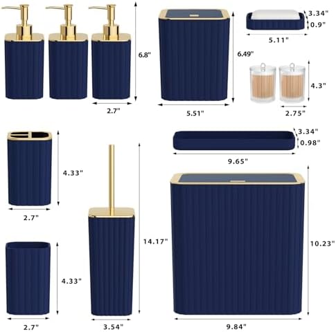 Bathroom Accessory Set - Bathroom Set, 12PC Bathroom Accessories Set, Navy Blue Bathroom Accessories Set, Mini Trash Can, Toilet Brush, Trash Can & Soap Dispenser