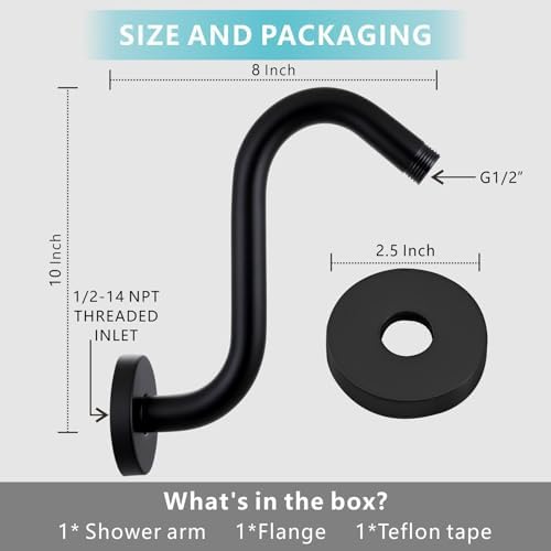 Shower Head Extension Arm with Flange, S Shaped High Rise Gooseneck Showerhead Riser Pipe, Universal Standard 1/2" Connection - Bathroom Accessory (10 Inch, Matte Black)