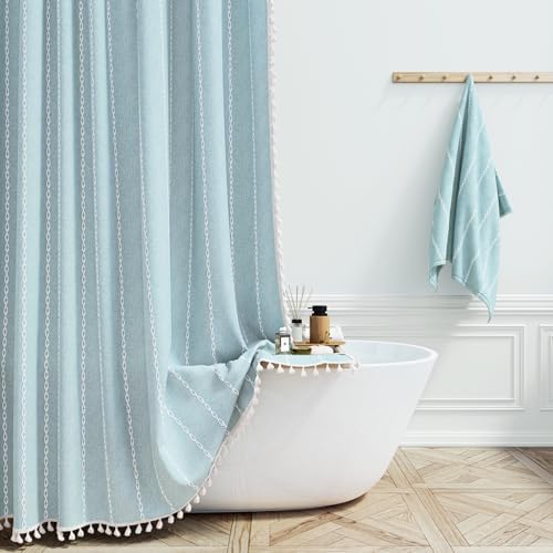 BTTN Small Boho Linen Heavy Duty Cloth Shower Curtain Set, 36x72, Fog Blue
