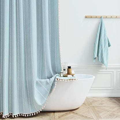 BTTN Small Boho Linen Heavy Duty Cloth Shower Curtain Set, 36x72, Fog Blue