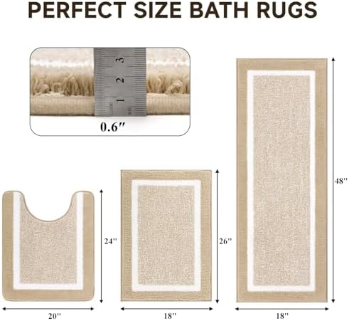 Pauwer Bathroom Rugs 3 Piece Set, Non Slip Washable Bath Mat, Beige