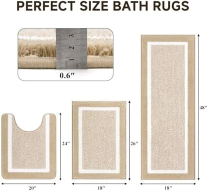 Pauwer Bathroom Rugs 3 Piece Set, Non Slip Washable Bath Mat, Beige