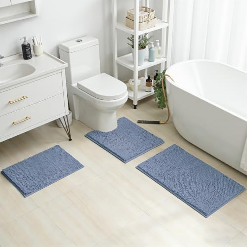 HOMEIDEAS Grey Blue Chenille Bathroom Rugs Set of 3, Non Slip Bath Mat