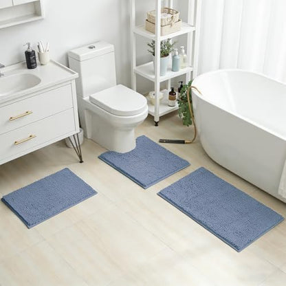 HOMEIDEAS Grey Blue Chenille Bathroom Rugs Set of 3, Non Slip Bath Mat