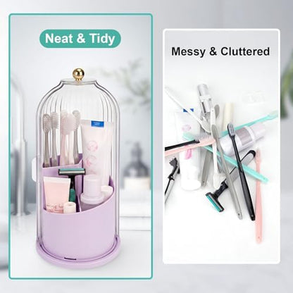 QIYVLOS Toothbrush Holders with Sliding Lid, Rotating 3 Slots Bathroom Organizer Countertop, Tooth Brush Toothpaste Holder Bathroom Counter Stand Sink Organizer for Makeup Brushes Holder (Purple)